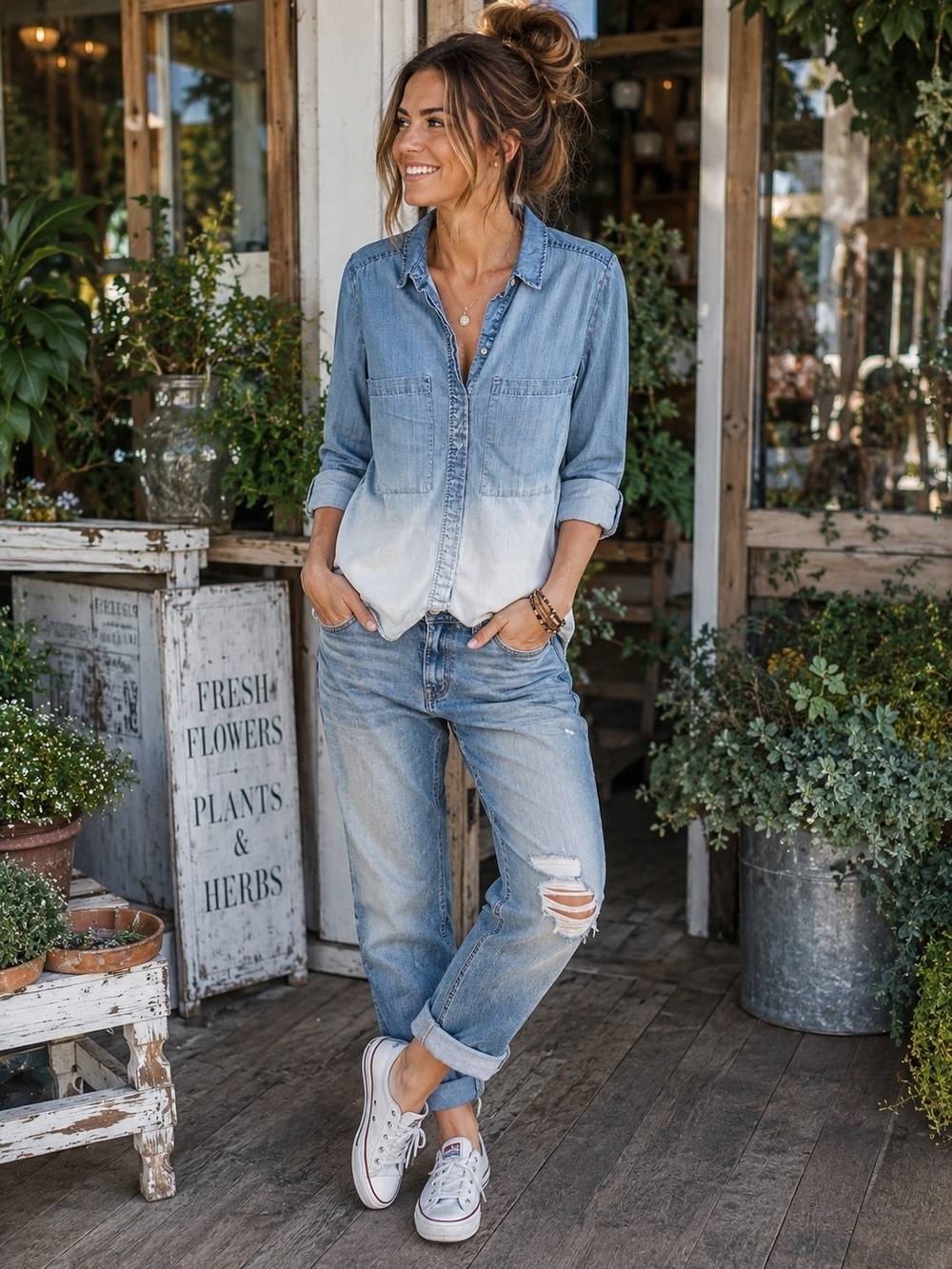 HOLDING HORSES Light Blue Ombre Boyfriend Denim Top